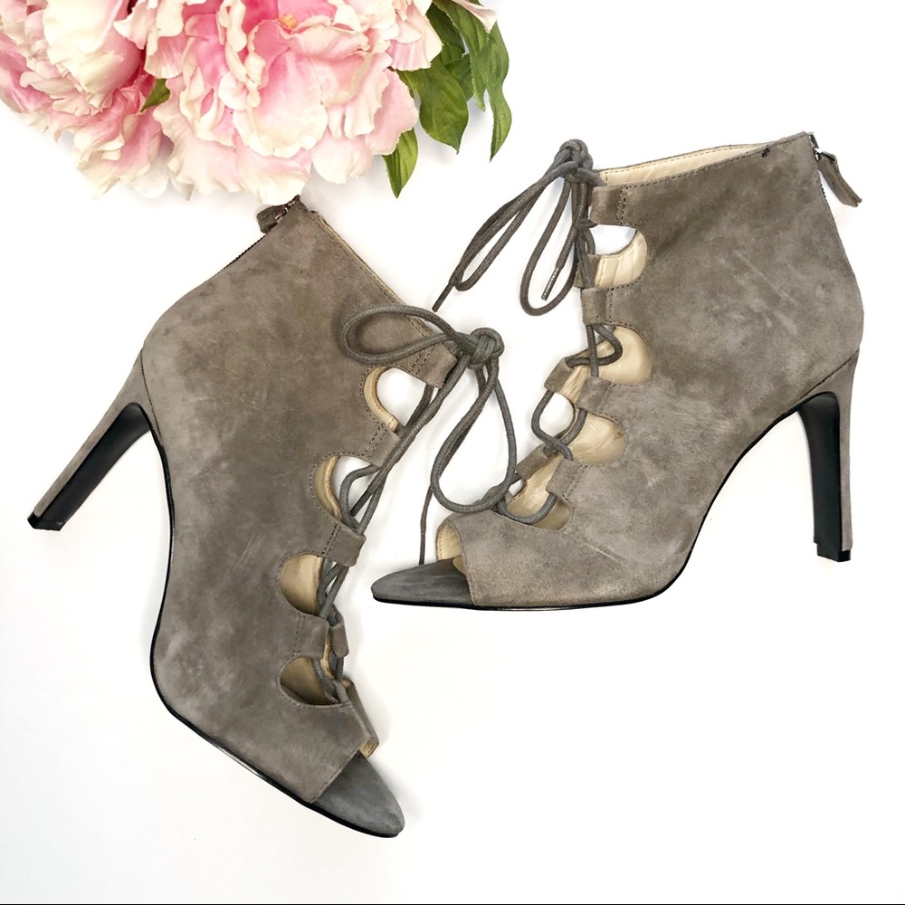 Nine West▫️ open toe lace up gray suede high heels